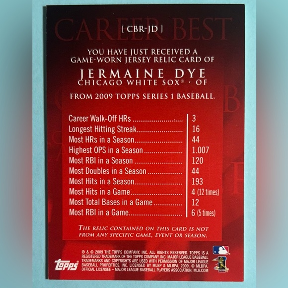 2009 Topps Career Best Chicago White Sox,Jermaine Dye,Game Jersey card #PR-DT - Picture 2 of 2